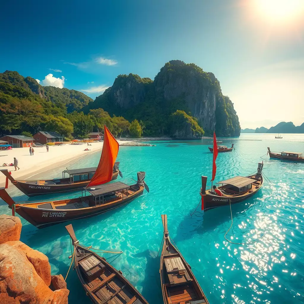 A breathtaking view of Ko Lipe, Thailand, featuring pristine white sandy beaches, crystal-clear turquoise waters, and lush tropical vegetation, evoking a sense of serenity and adventure.